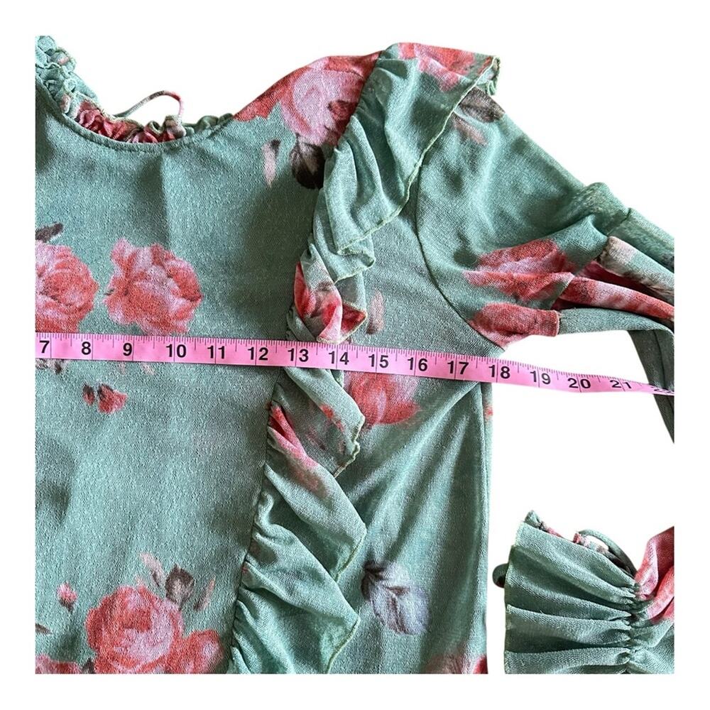 Know.One.Cares Green Top Floral Ruffle Long Sleeve Semi Sheer Shirt Couquette S - Picture 9 of 13